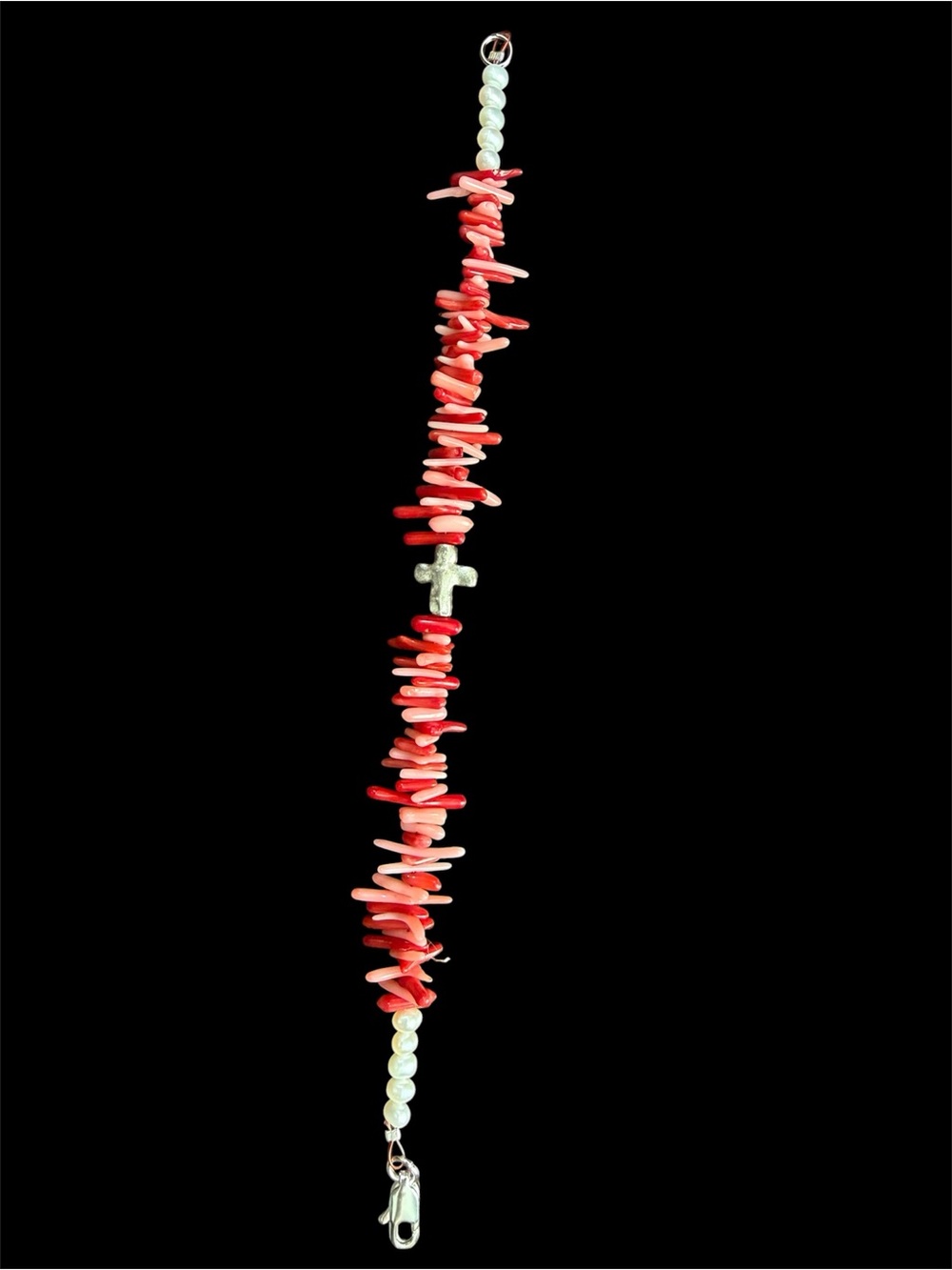Red Coral and Pearl Bracelet with Cross Accent